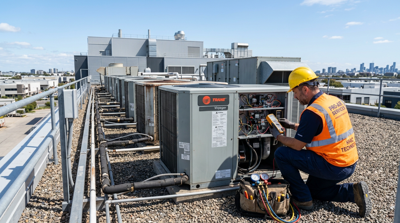 Technician servicing commercial air conditioning equipment