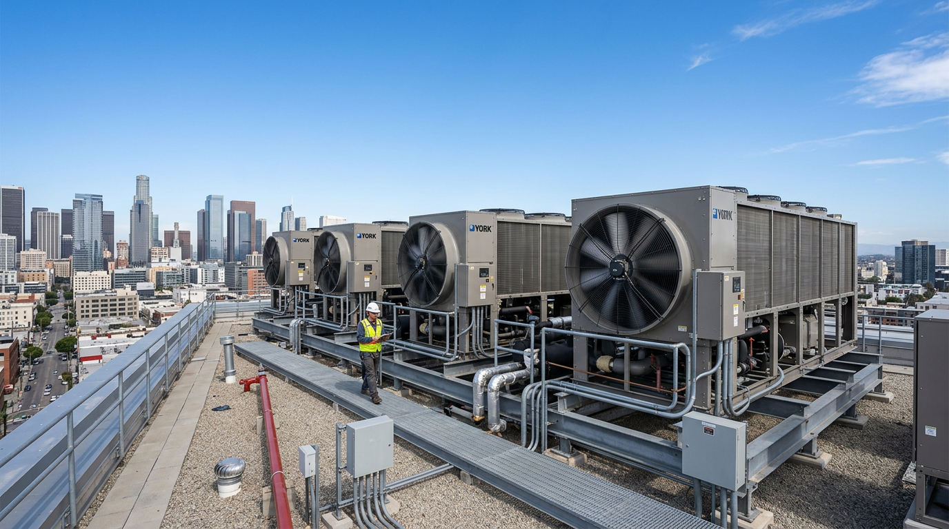 Commercial rooftop HVAC condenser units and outdoor cooling equipment
